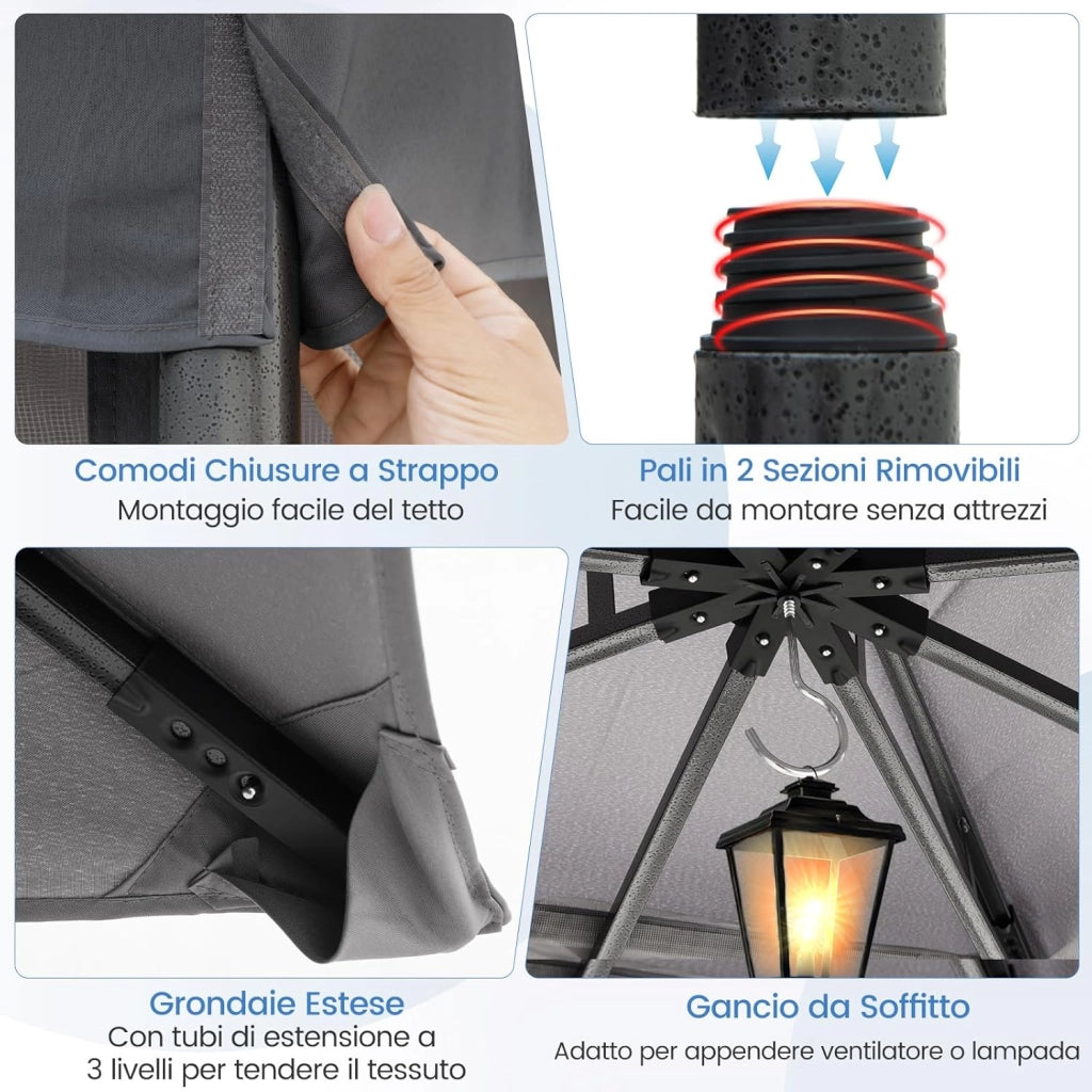 Gazebo da Giardino 3 x 3,6 m, Gazebo con Zanzariera a Doppia Copertura con Sacchetti di Sabbia e Picchetti a Terra, Tenda Impermeabile con Struttura in Metallo per Prato (Grigio)