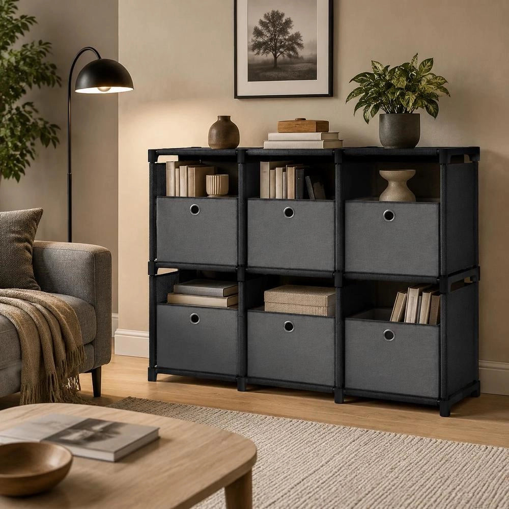 Cube Shelf With 6 Boxes, Black, 103x30x72.5 Cm, Fabric