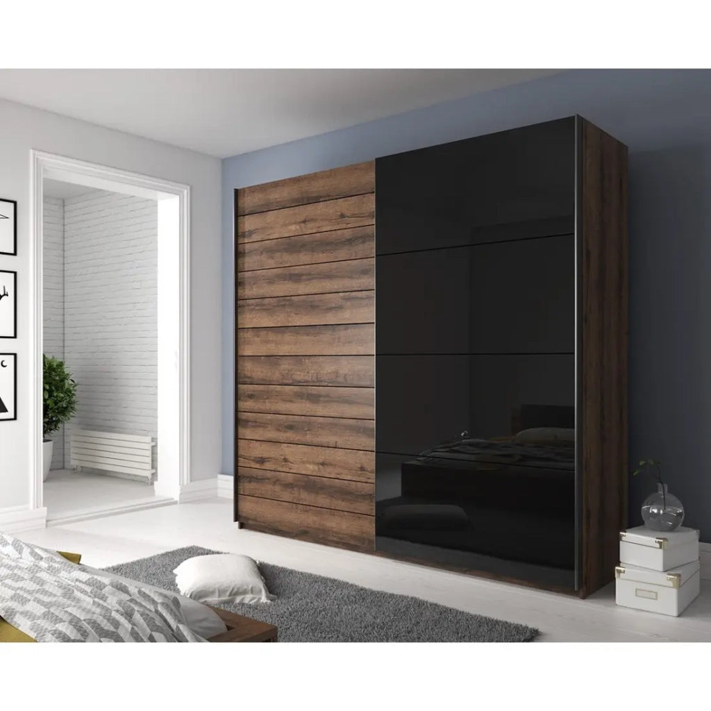 Camera da letto FLOYD: Armadio 200cm, Letto 140x200, cassettiera, comodini. Colore rovere scuro e nero lucido.