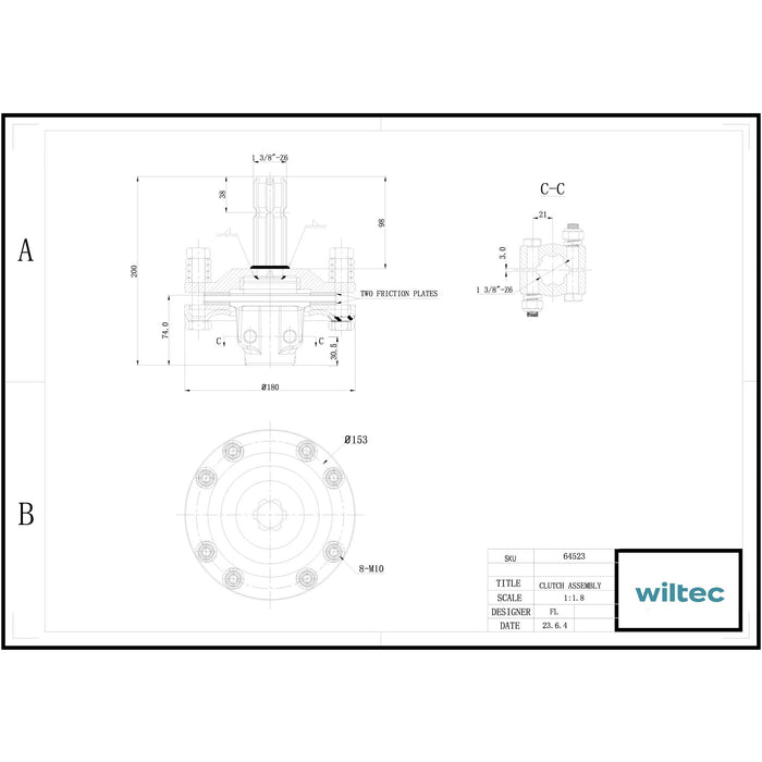 Frizione per albero cardanico scanalato a 6 denti Filetto esterno e interno 1 3/8" Max 1200Nm Nero