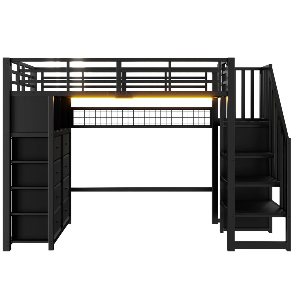 LETTO A SOPPALCO 90x200 cm con 8 Cassetti e LED Nero