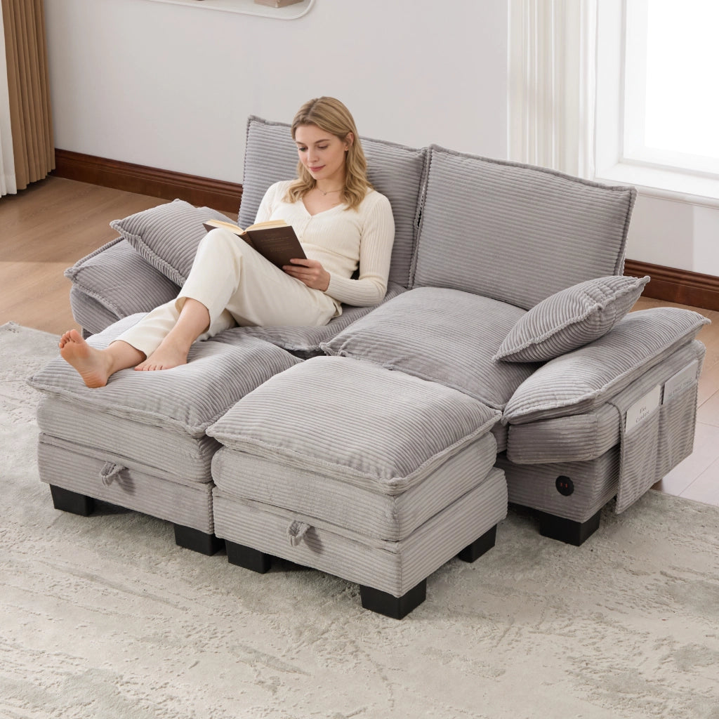 Divano 2 Posti con Poggiapiedi in Tessuto ¨C MINIMAL ¨C Grigio Chiaro