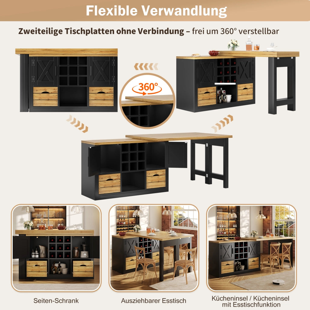 TAVOLO Allungabile con Sideboard girevole 120-197x40x72 cm MDF Nero