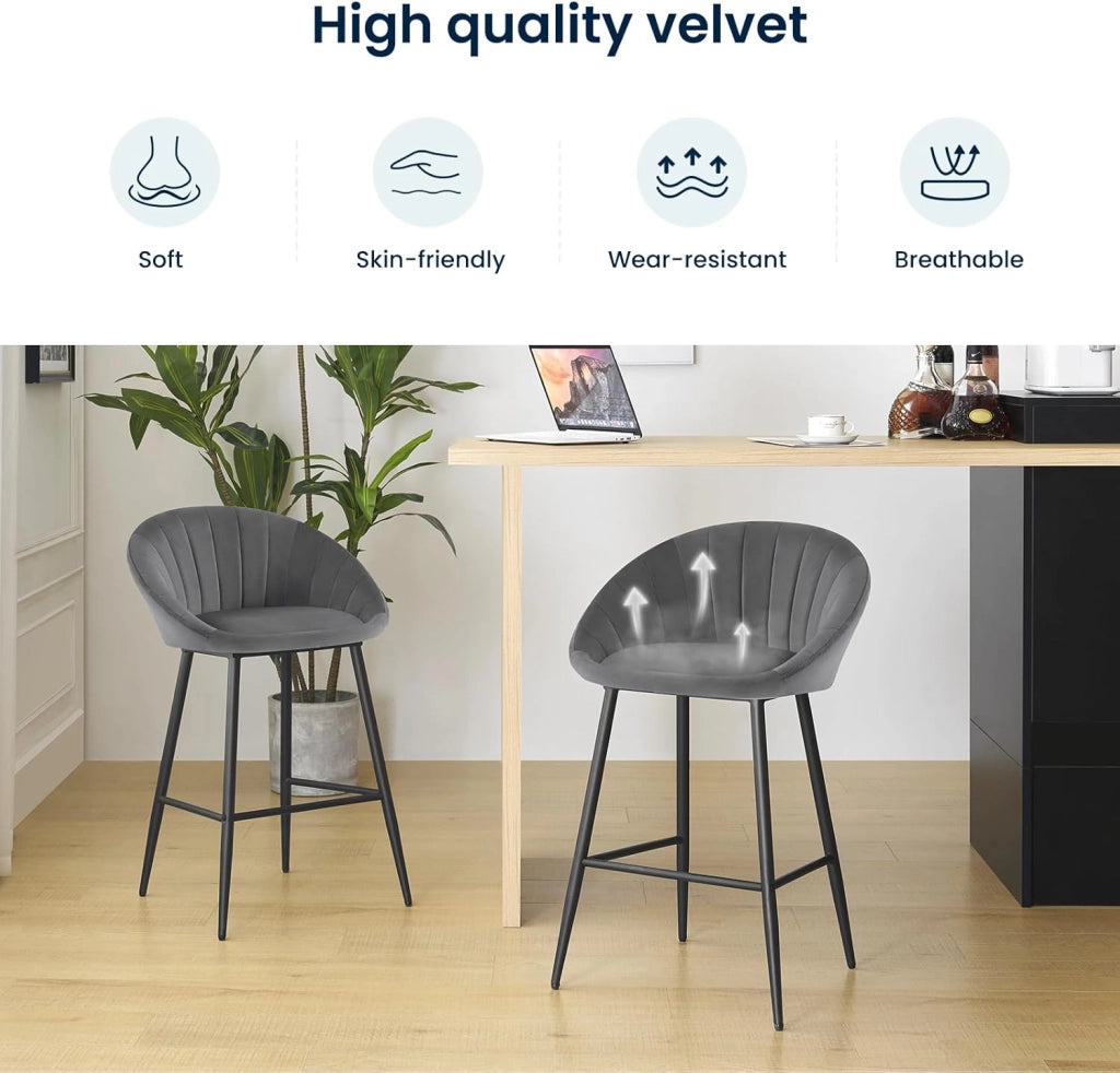 Set di 2 Sgabelli Bar Oversize 54x36 cm, Sgabelli Cucina Moderni, Sedie da Bar con Schienale e Poggiapiedi, per Bistrot Caffetteria, in Velluto e Metallo, Verde Scuro