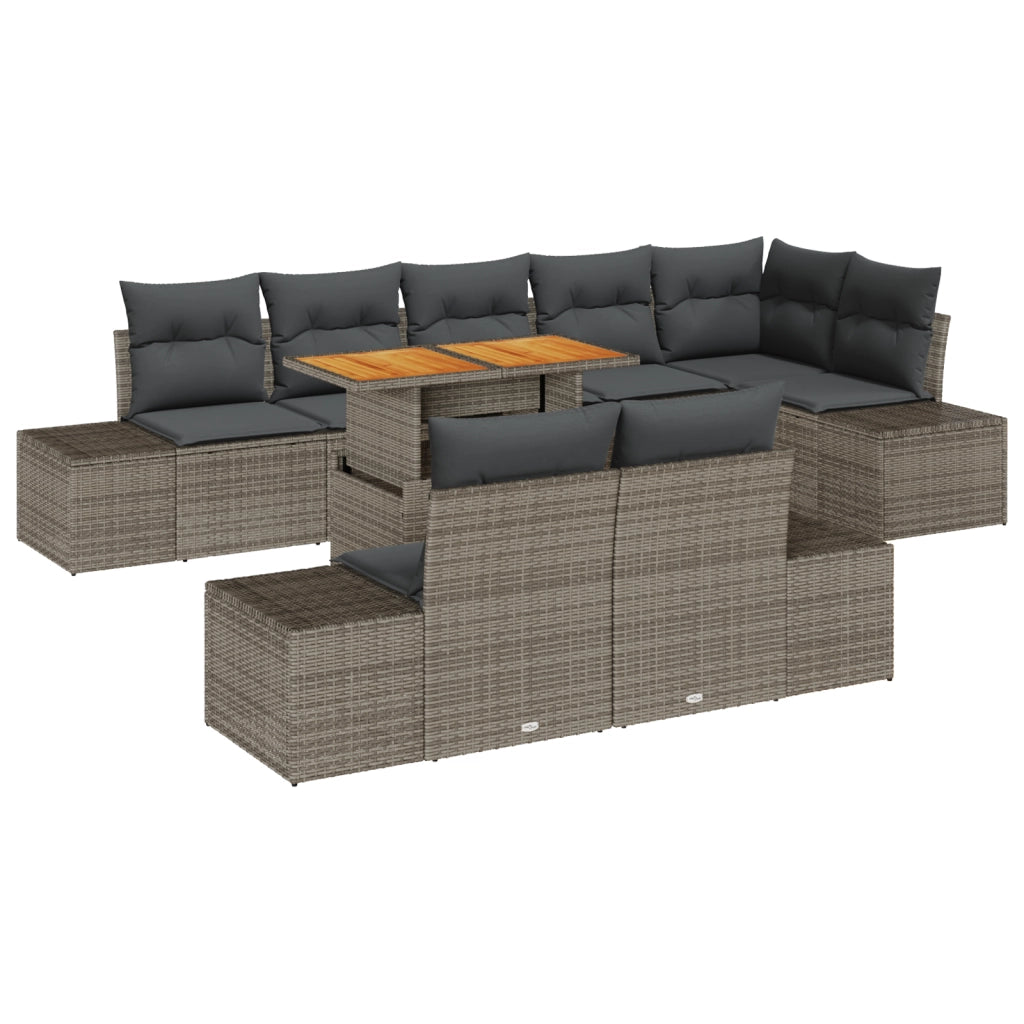 Set da Pranzo da Giardino con Cuscini Grigi in Polyrattan e Acacia