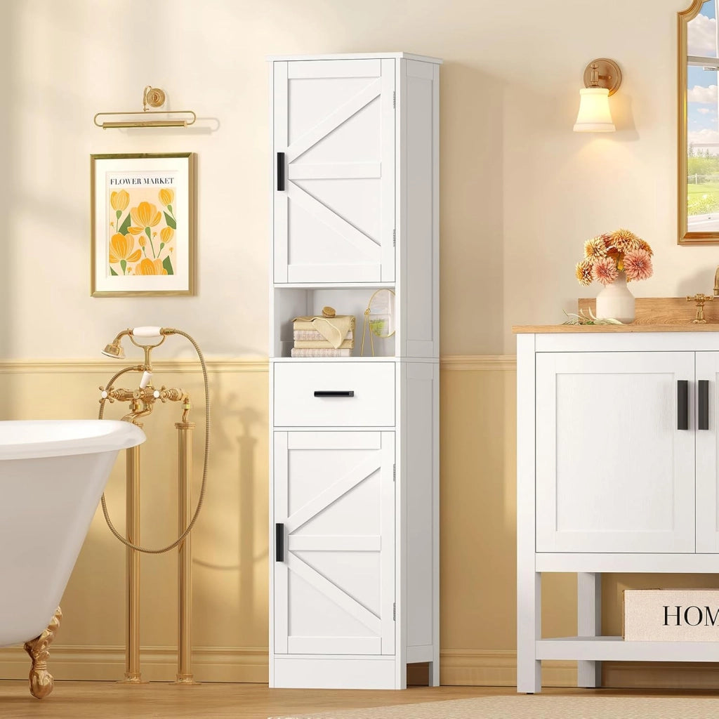 Mobiletto Bagno Salvaspazio con Ante Regolabili, Mobile Bagno Alto con 2 Ante e 1 Cassetto, Colonna Bagno con Ripiani Regolabili, Mobiletto compatto da terra, Bianco 40x30x170cm