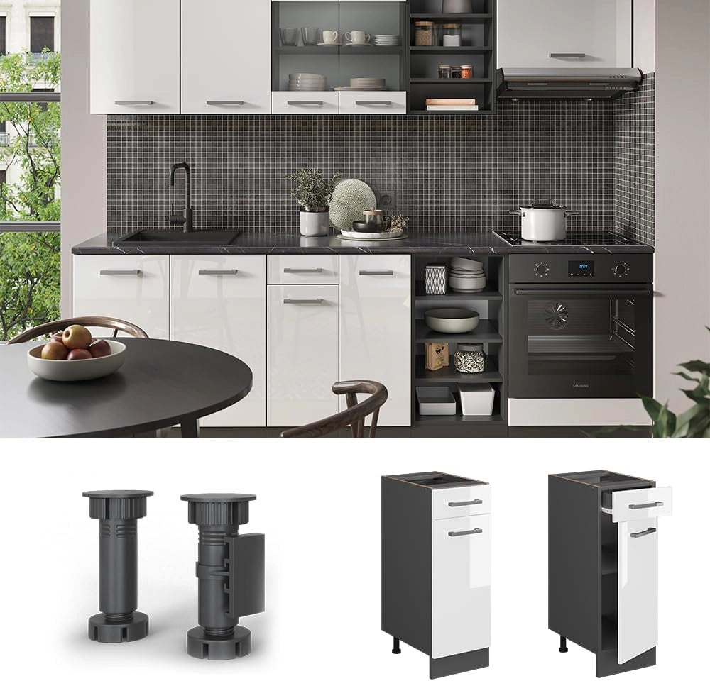 Mobiletto base per cucina R-Line, Bianco lucido, 30 cm senza piano di lavoro, per la libera combinazione all'interno di sistemi cucina modulari