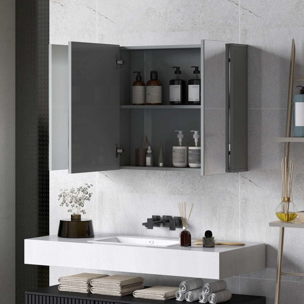 Armadio a muro per bagno con 3 ante specchio e ripiani regolabili ¨C Zephmum ¨C MDF grigio 90x60x15 cm