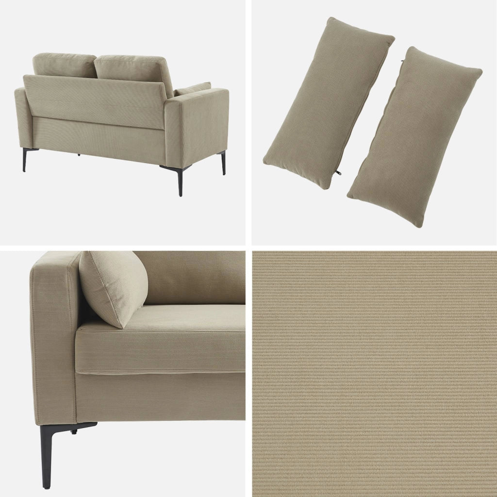 Divano in velluto a coste con gambe in metallo, 2 posti, beige grigio