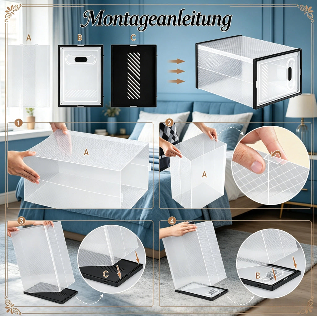 Set di 12 Scatole Impilabili per Scarpe in Plastica Trasparente e Nero, Dimensioni 25x18,5x35,5 cm