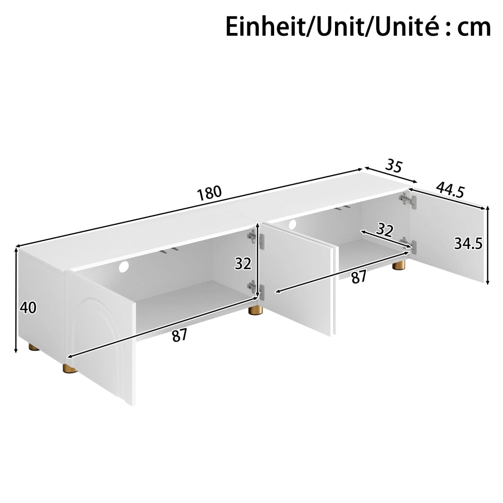 Mobile porta TV con 4 ante e rilievo ad arco, per soggiorno, in MDF e pannello truciolare, bianco, 180 × 35 × 40 cm