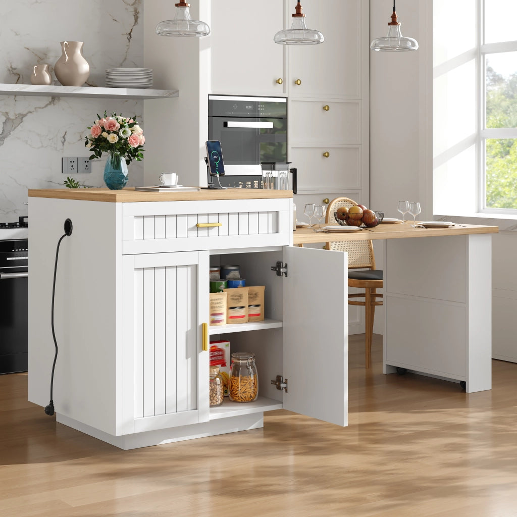 Carrello da cucina estensibile con presa integrata; 1 cassetto; ante e ripiani regolabili; per cucina; 121;5 × 70 × 92 cm