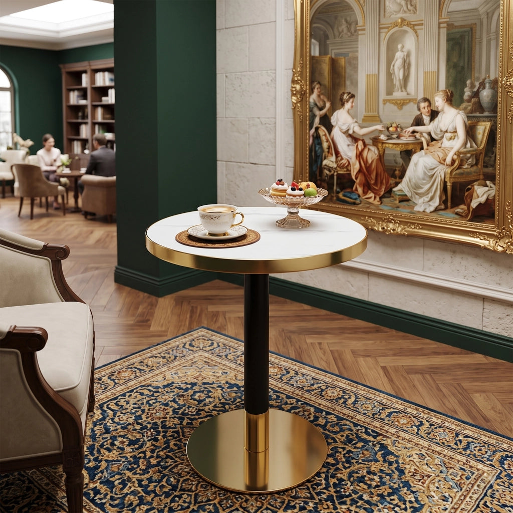Tavolo da pranzo rotondo effetto marmo bordo oro base nera/oro versatile per soggiorno