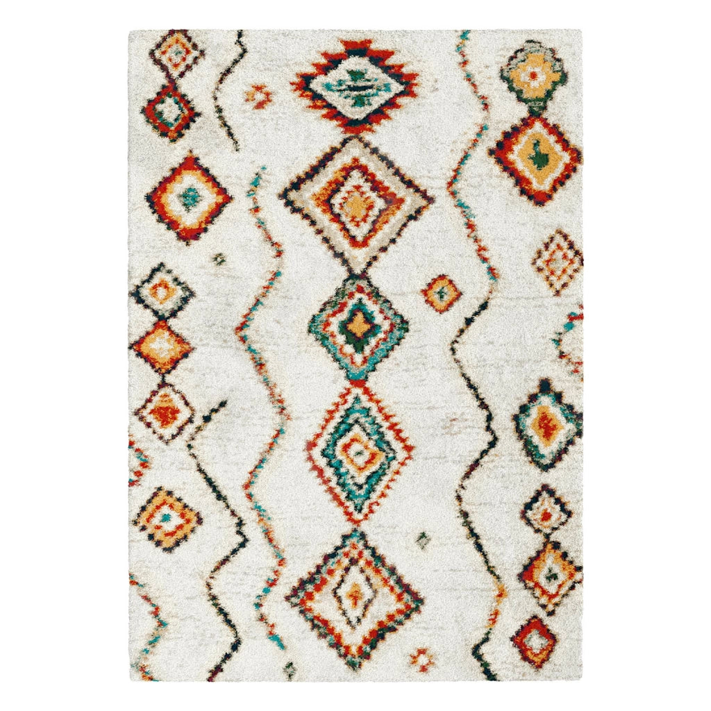 Tappeto shaggy per interni, stile berbero, crema e multicolore