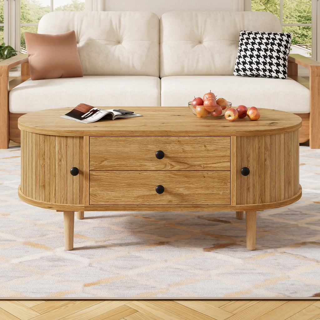 Tavolino da Salotto Ovale con 2 Cassetti e Ante Scorrevoli in MDF ¨C MINIMAL