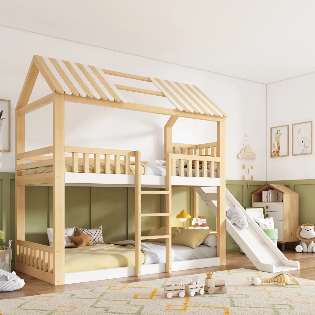LETTO A CASTELLO 90x200 cm con tetto a capanna, bianco e naturale, con scaffale