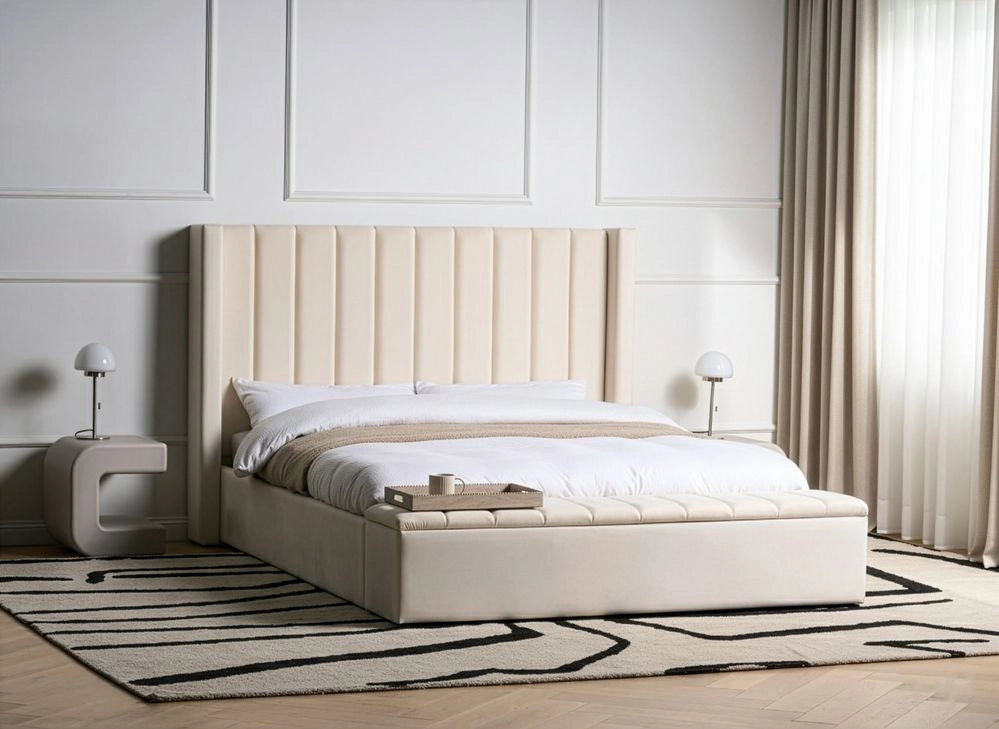Letto matrimoniale velluto bianco sporco rete a doghe e cassapanca 160 x 200 cm stile moderno glam