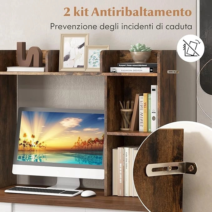 Scaffale da Scrivania in Legno, Libreria da Tavolo Salvaspazio con 4 Ripiani e Scomparto Aperto, Scaffale Espositivo per Computer, Casa Ufficio, 94x25x74 cm (Marrone)