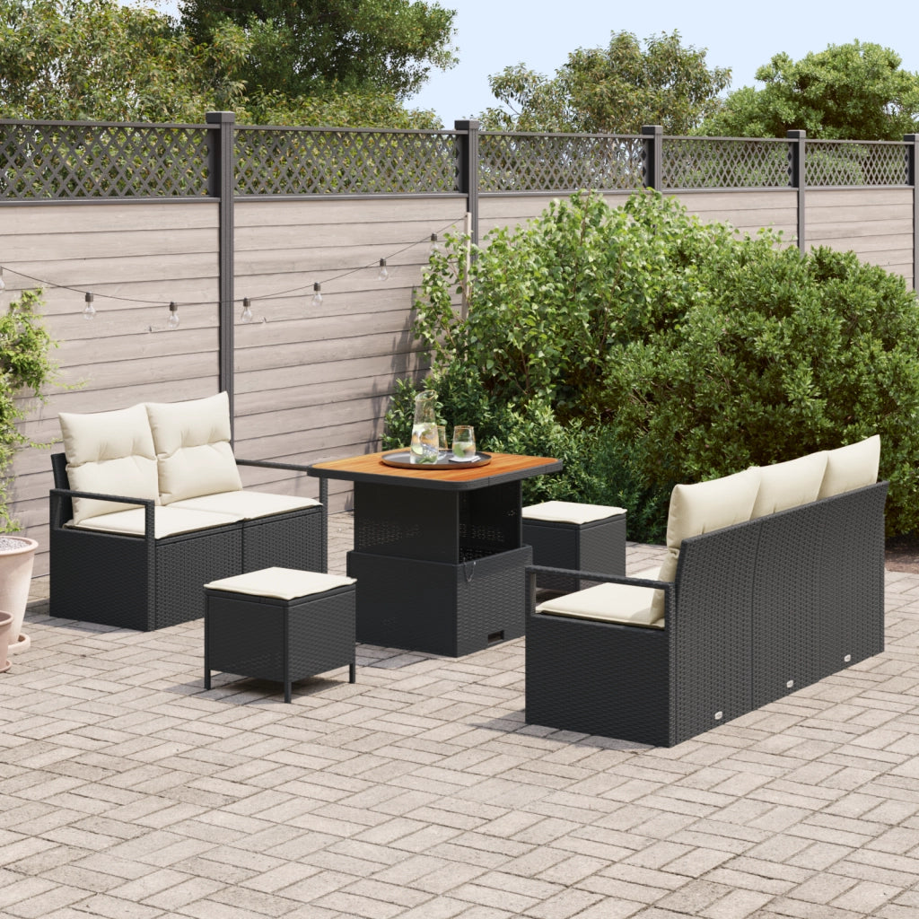 Set di divani da giardino in 8 pezzi con cuscini neri in polyrattan acacia
