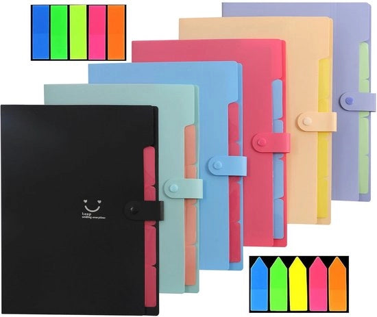 Map A4 espandibile, 6-pack organizzatore documenti A4 con 5 compartimenti, porta note e notizzoni, grande capacità per ufficio, casa, scuola (6 colori)