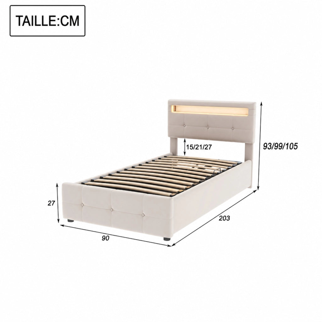 Letto singolo imbottito 90 ¡Á 200 cm con vano contenitore LED testiera regolabile e velluto beige