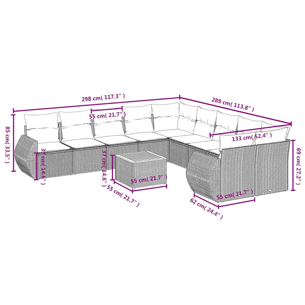 Set Divani da Giardino 11 pz con Cuscini Grigio in Polyrattan 3225200