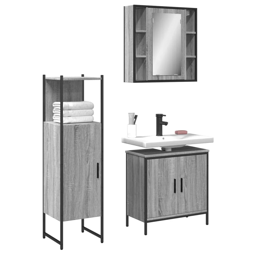 Set Mobili da Bagno | Armadio da bagno 3 pz Grigio Sonoma in Legno Multistrato