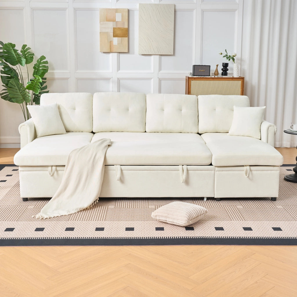 Divano panoramico a U con funzione letto e contenitore doppio tasca laterale cuscini in chenille beige