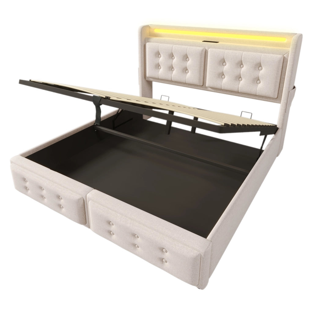 Letti contenitori 160x200 cm con LED e prese; cotone lino; beige (Senza materasso)