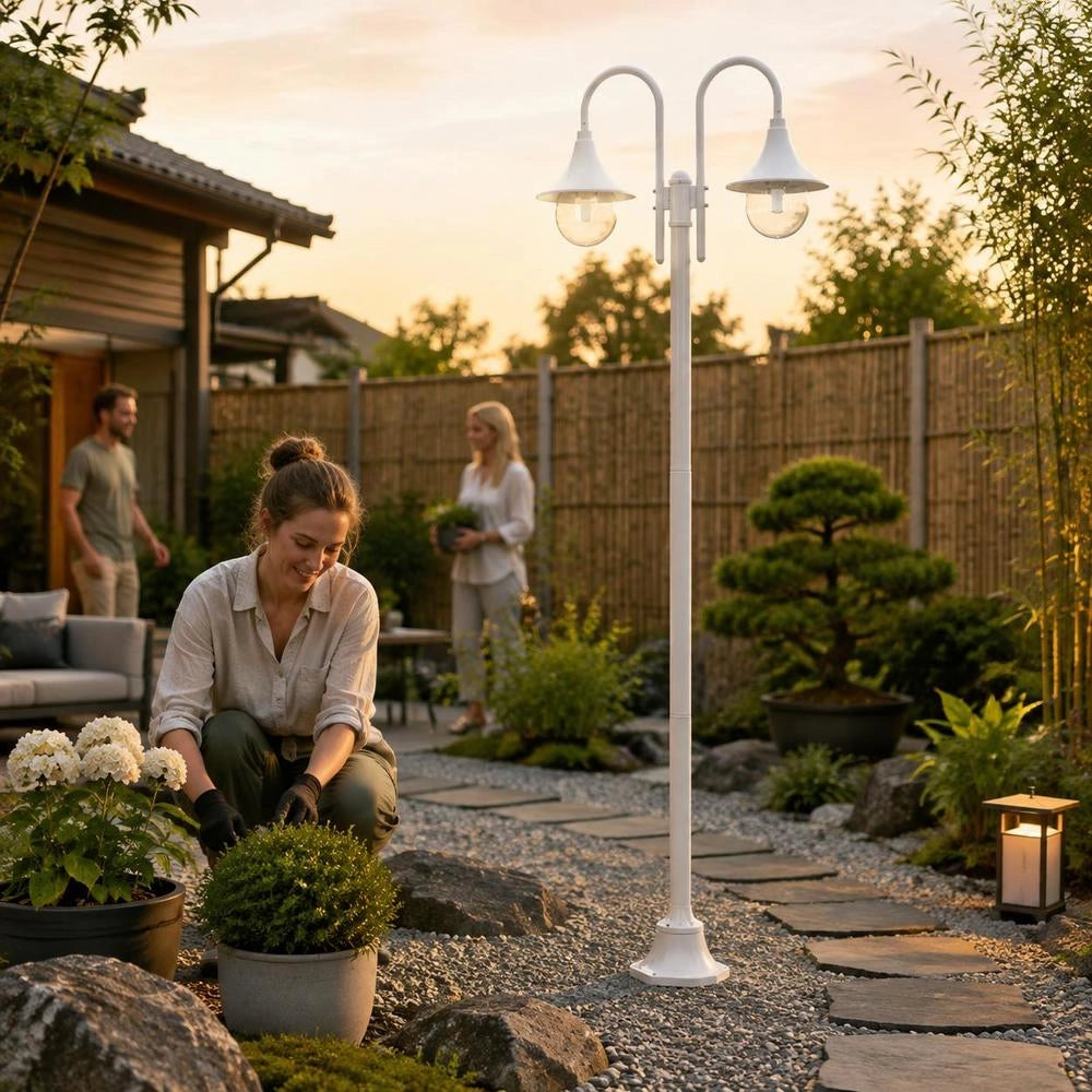 Garden Bollard Light E27 220 Cm Aluminium 2-lantern White
