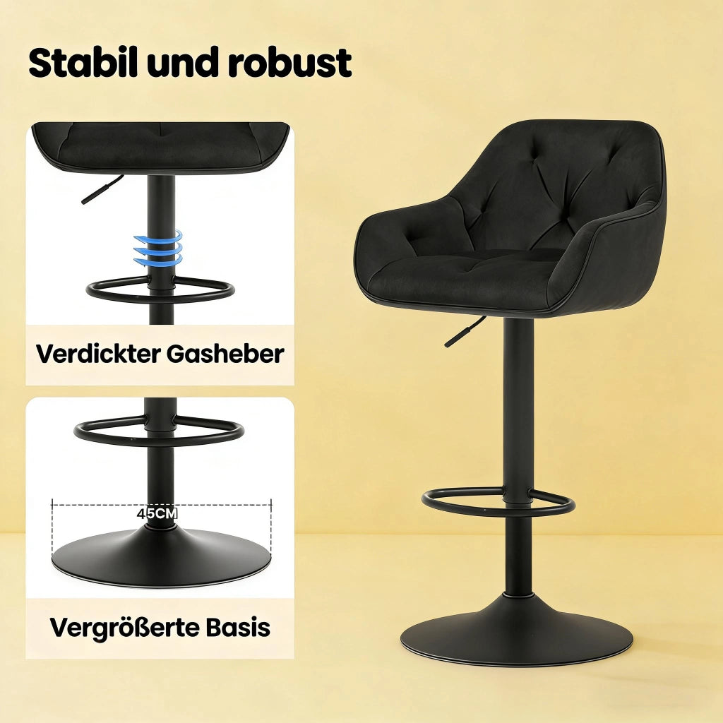 SGABELLO BAR Regolabile 62,5-84 cm in Velluto Nero Set da 2 pezzi