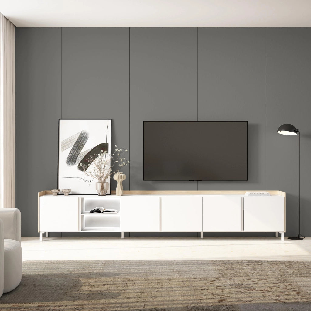 Mobile TV Soggiorno, 309x61x35 cm, Per TV fino a 80", Design industriale, LED, Bianco e Rovere soft
