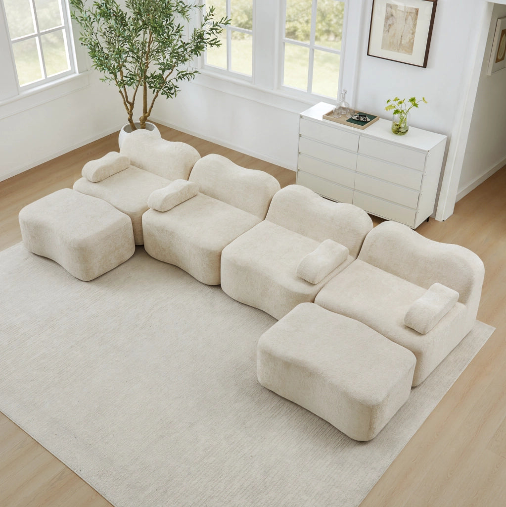 Divano modulare a U in velluto beige; schiuma 32D; senza struttura; 384x167x70 cm
