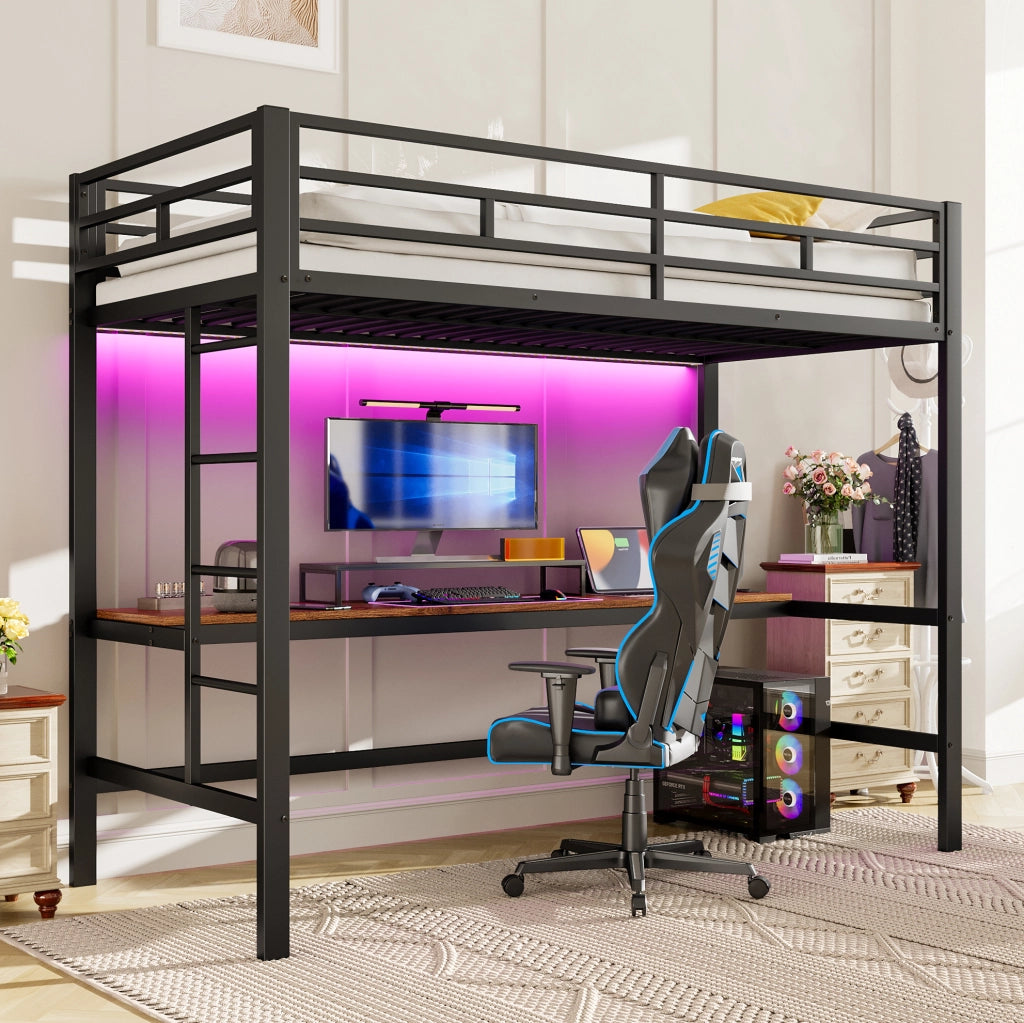Letto a soppalco 90x200 cm con scrivania e luce LED; metallo; nero (Senza materasso)