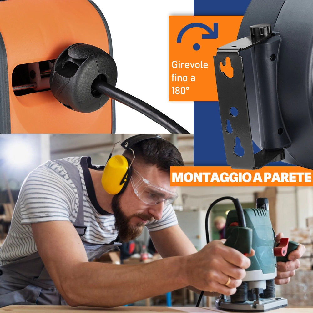 Avvolgicavo Elettrico 15 Metri Rotante a 180° con Multipresa a 3 Teste e Guanti Nero e Arancione
