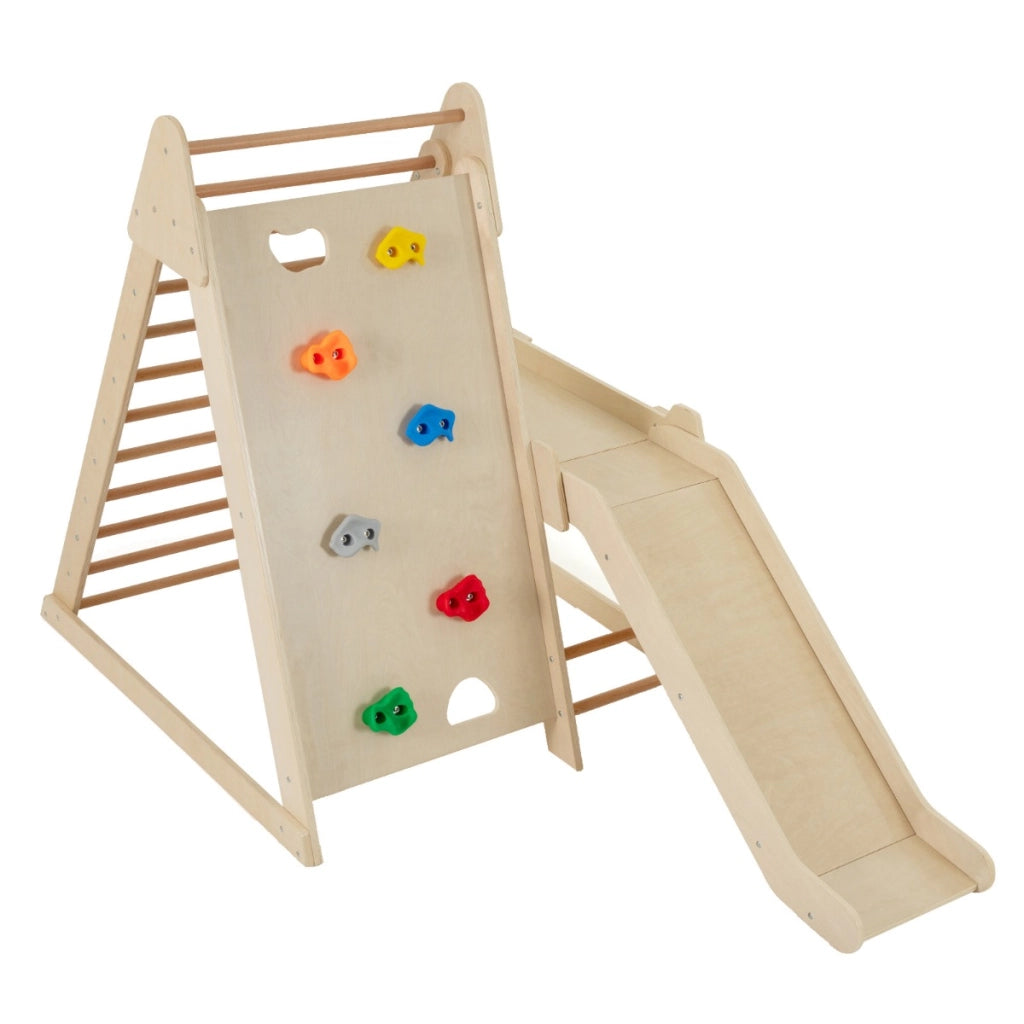 Palestra jungle 3 in 1 parco giochi interno per bambini con scivolo esteso-Palestra scaletta in legno e struttura da gioco Naturale