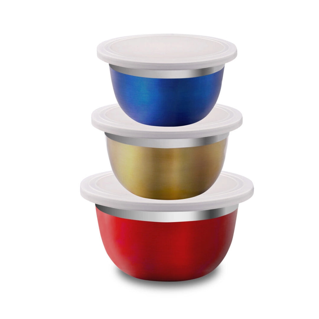 Set 3 ciotole acciaio inossidabile colorate con coperchi, capacità 0,75L 1,25L 1,5L, senza BPA, frigorifero congelatore - SOGO