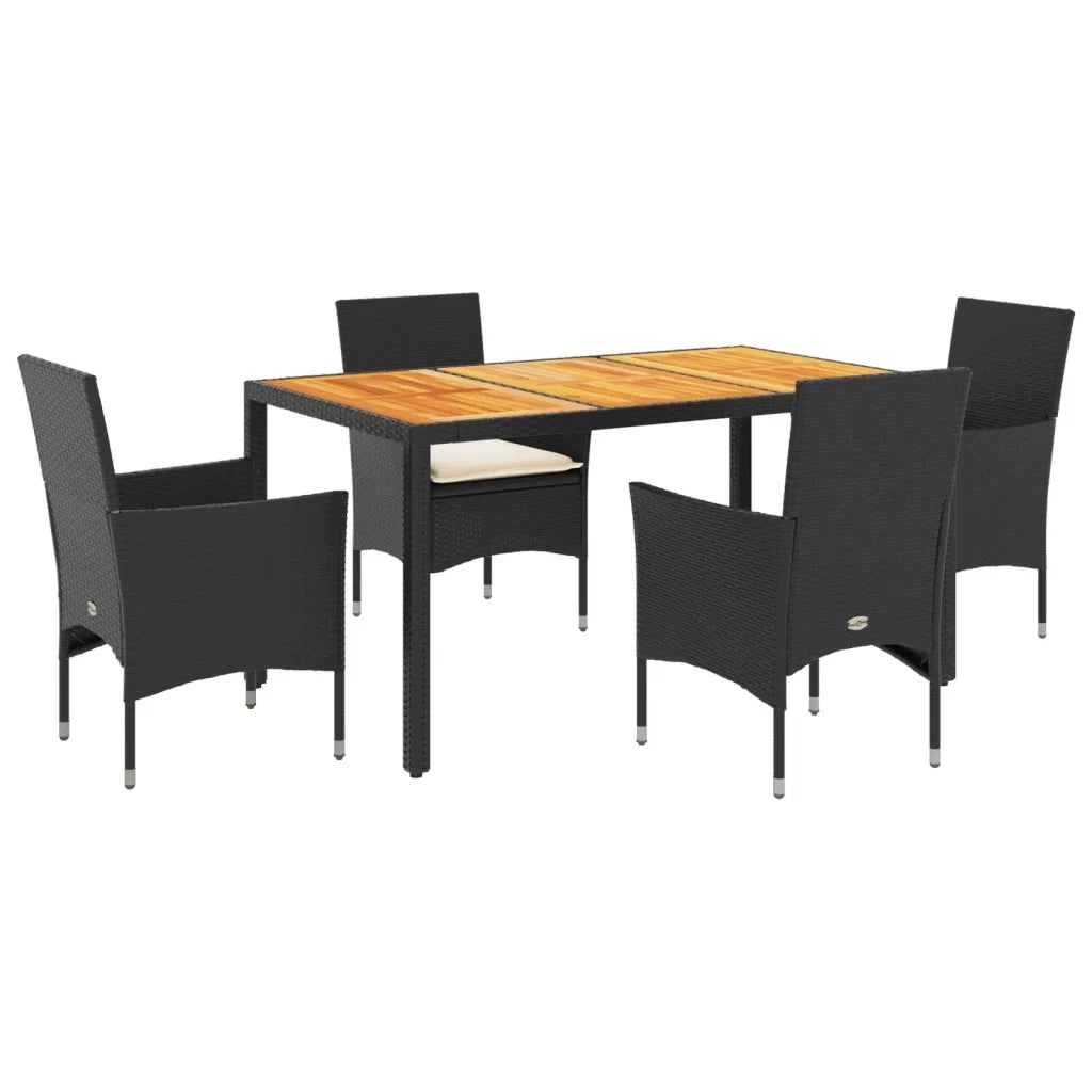 Set Pranzo da Giardino 5 pz con Cuscini Nero Polyrattan Acacia