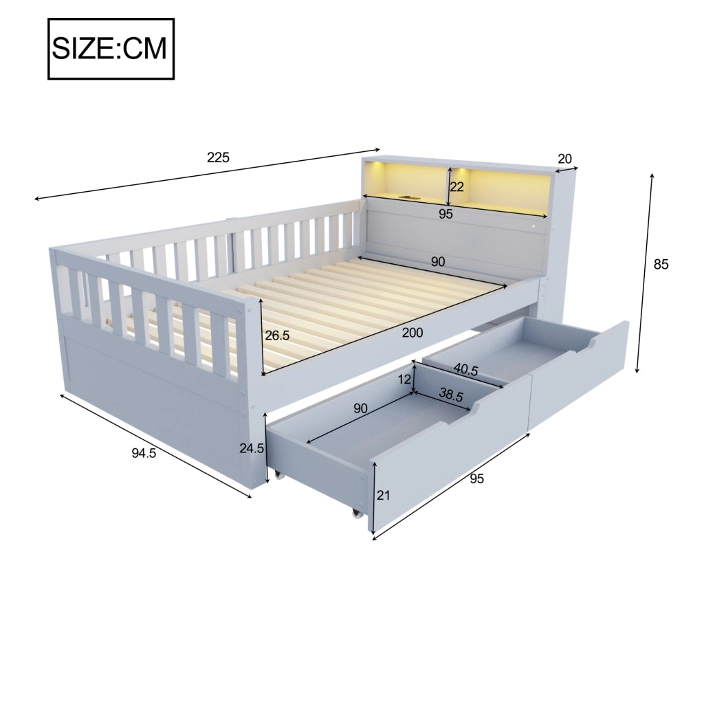 Letto singolo 90 × 200 cm con cassetti, ripiani, illuminazione led, prese usb e type-c, senza materasso, grigio