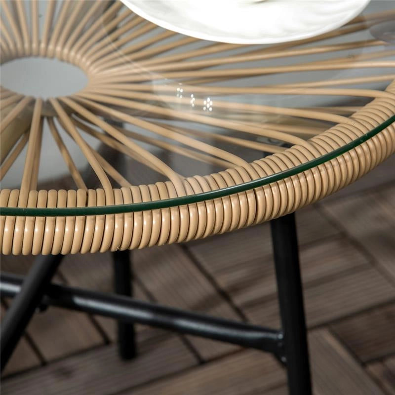 TAVOLINO DA GIARDINO ROTONDO IN RATTAN PE E VETRO Ø50X50CM COLORE BEIGE