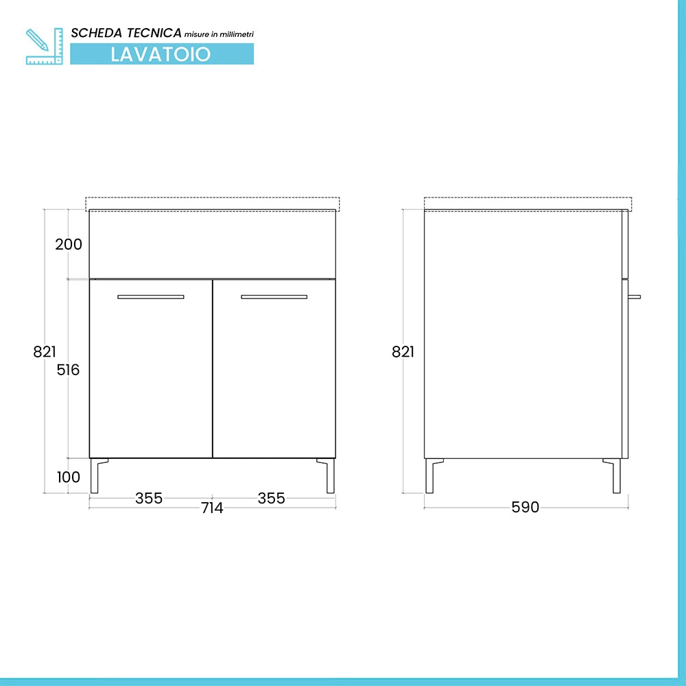 Mobile lavatoio 75x60cm bianco frassino con due ante e vasca in ceramica Revine
