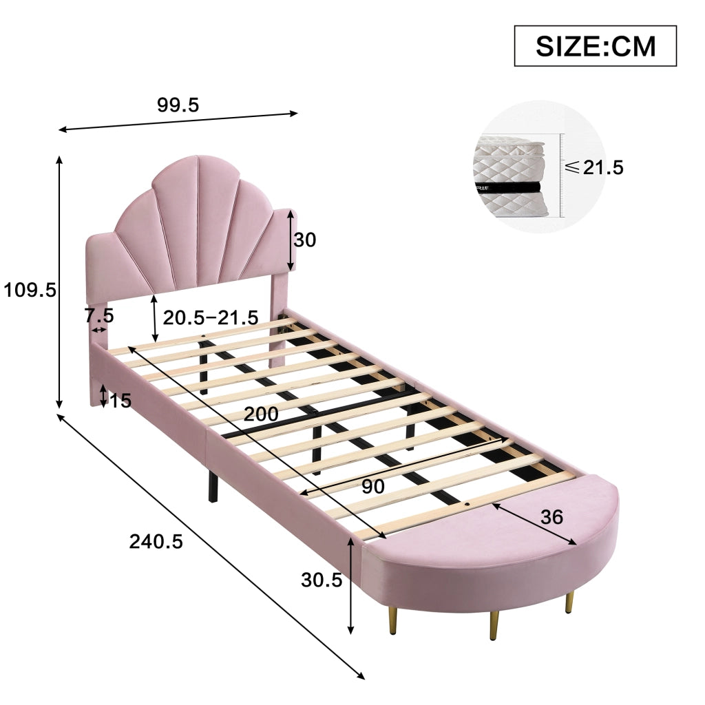 Letto Singolo 90 x 200 cm - Testiera in Velluto; Panca Coordinata e Bordi Morbidi