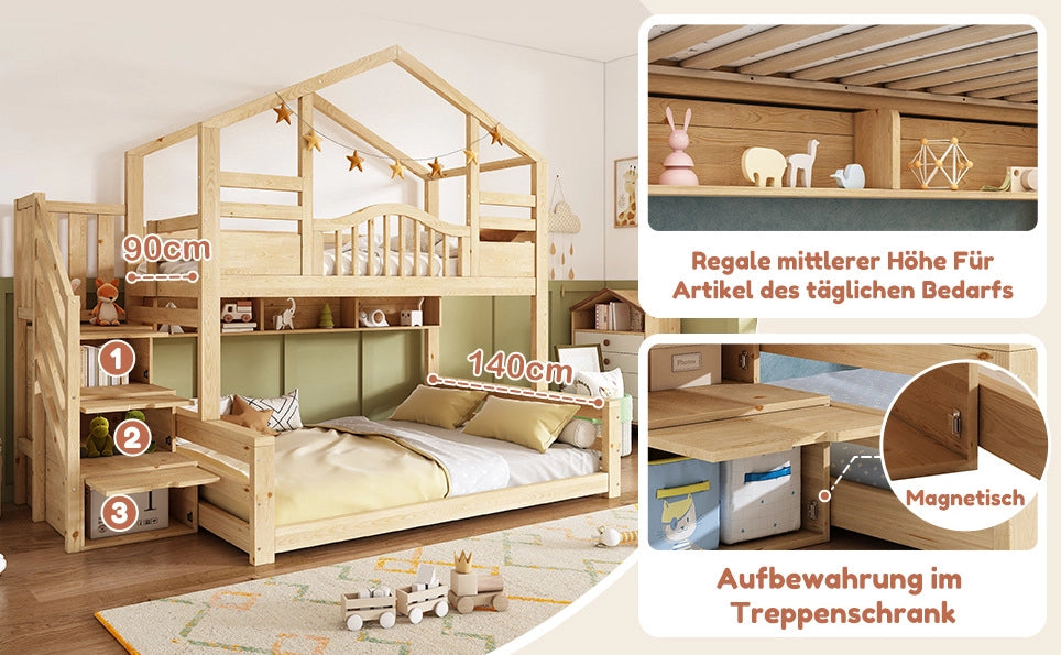 Letto a castello in legno 90x200 e 140x200 con scala contenitore