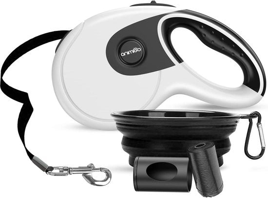 Cinturone per cani estensibile da 5 metri per cani grandi e piccoli fino a 40kg - Con dispensatore di sacchetti per escrementi gratuiti - Corda in nylon nera con bocchetta per bere Cinturone per cani