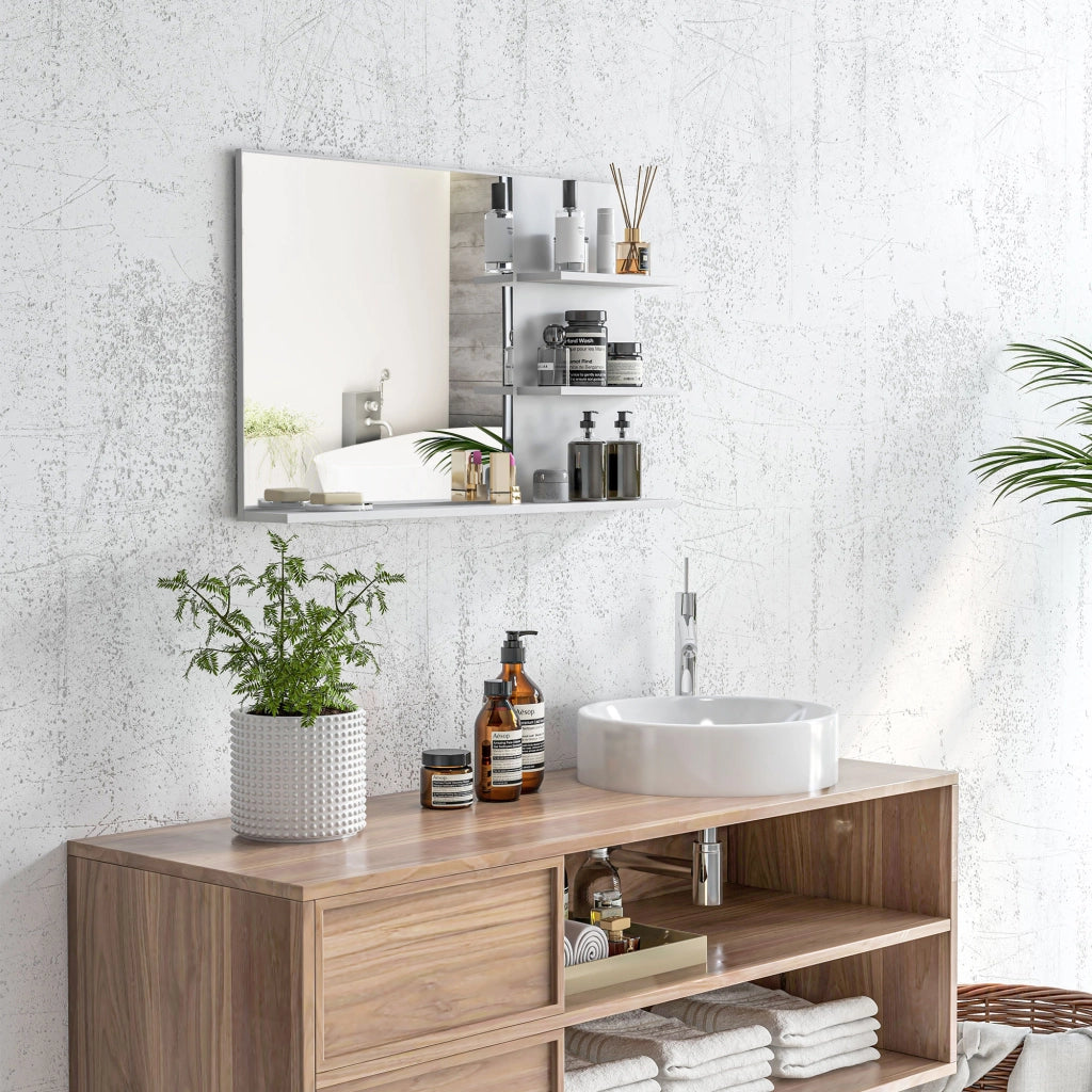 Specchio da Bagno a Parete con 2 Ripiani Laterali e Ripiano Inferiore, in MDF e Vetro, 75x10x48 cm, Bianco
