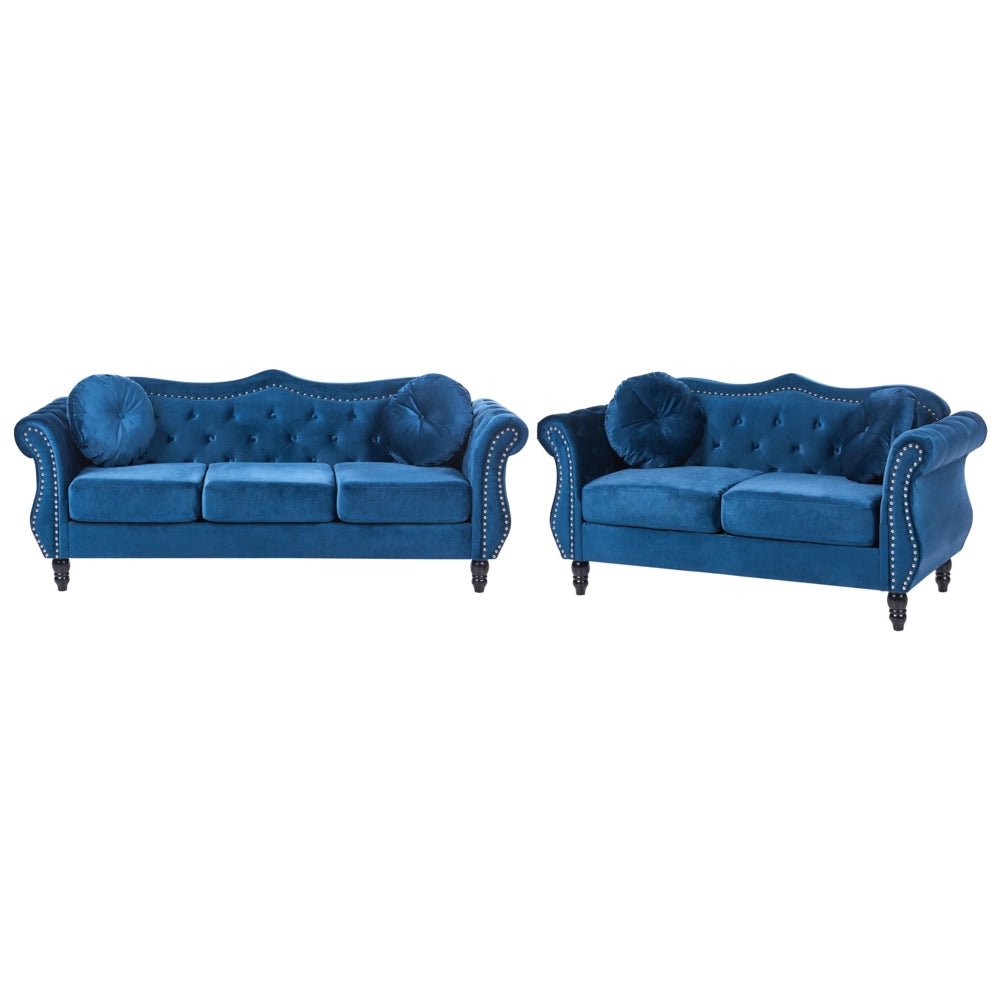 Set da soggiorno Velluto blu 2 posti 3 posti Bottoni con rifiniture a punta trapuntata Cuscini Braccia arrotolate Glam