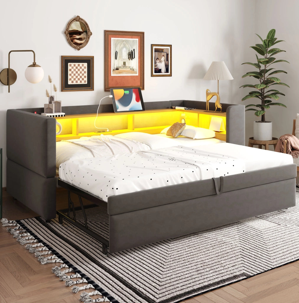 Divano letto 90x190 cm con scomparti; luci LED e prese; flanella; grigio scuro