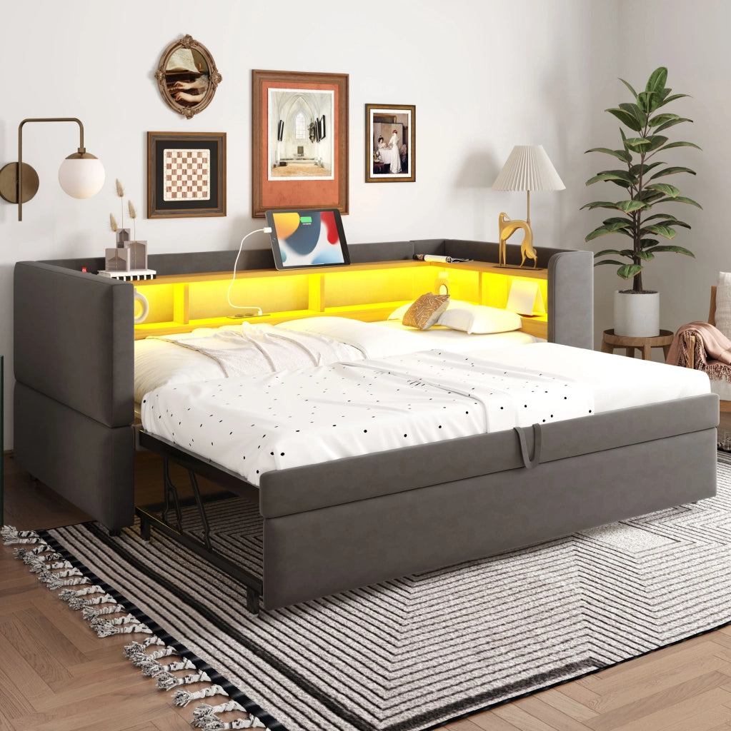 Divano letto 90x190 cm con scomparti; luci LED e prese; flanella; grigio scuro
