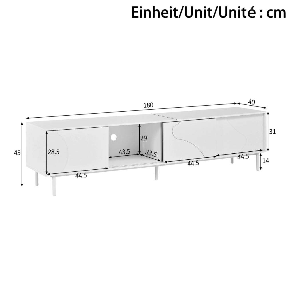 Mobile porta TV con 3 ante scorrevoli, ripiano in vetro e LED, per soggiorno, in MDF e metallo, bianco, 180 × 40 × 45 cm
