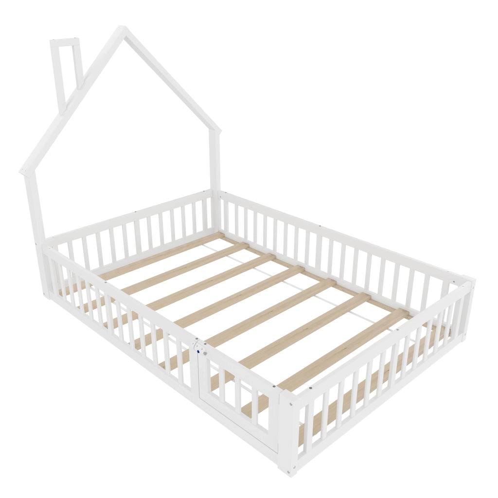 OKWISH Letto Bambini 140×190 cm, Letto Matrimoniale con Sponde di Sicurezza, Design camino e Rete a Doghe, senza Materasso, Legno Bianco